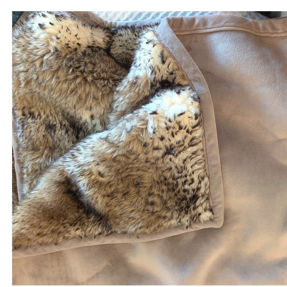Pottery Barn Faux Fur Throw Blanket Brown Cream Animal Print 50x60 Plush Luxury